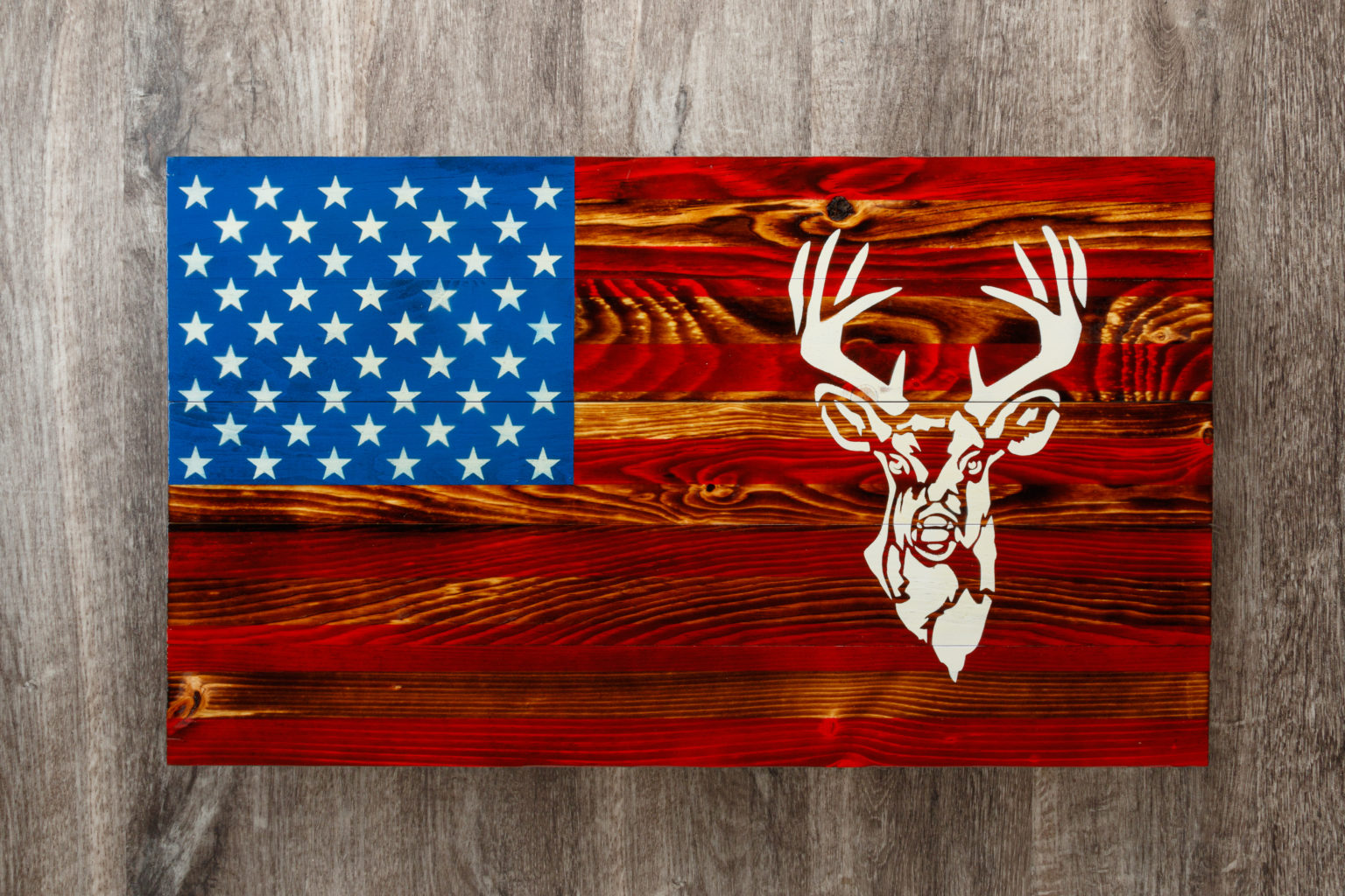 Deer wooden American flag wall art