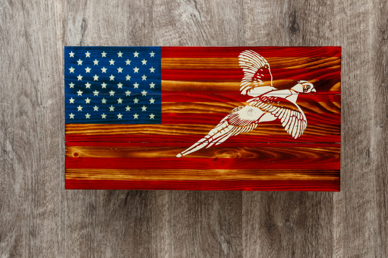 Pheasant wooden American flag wall art