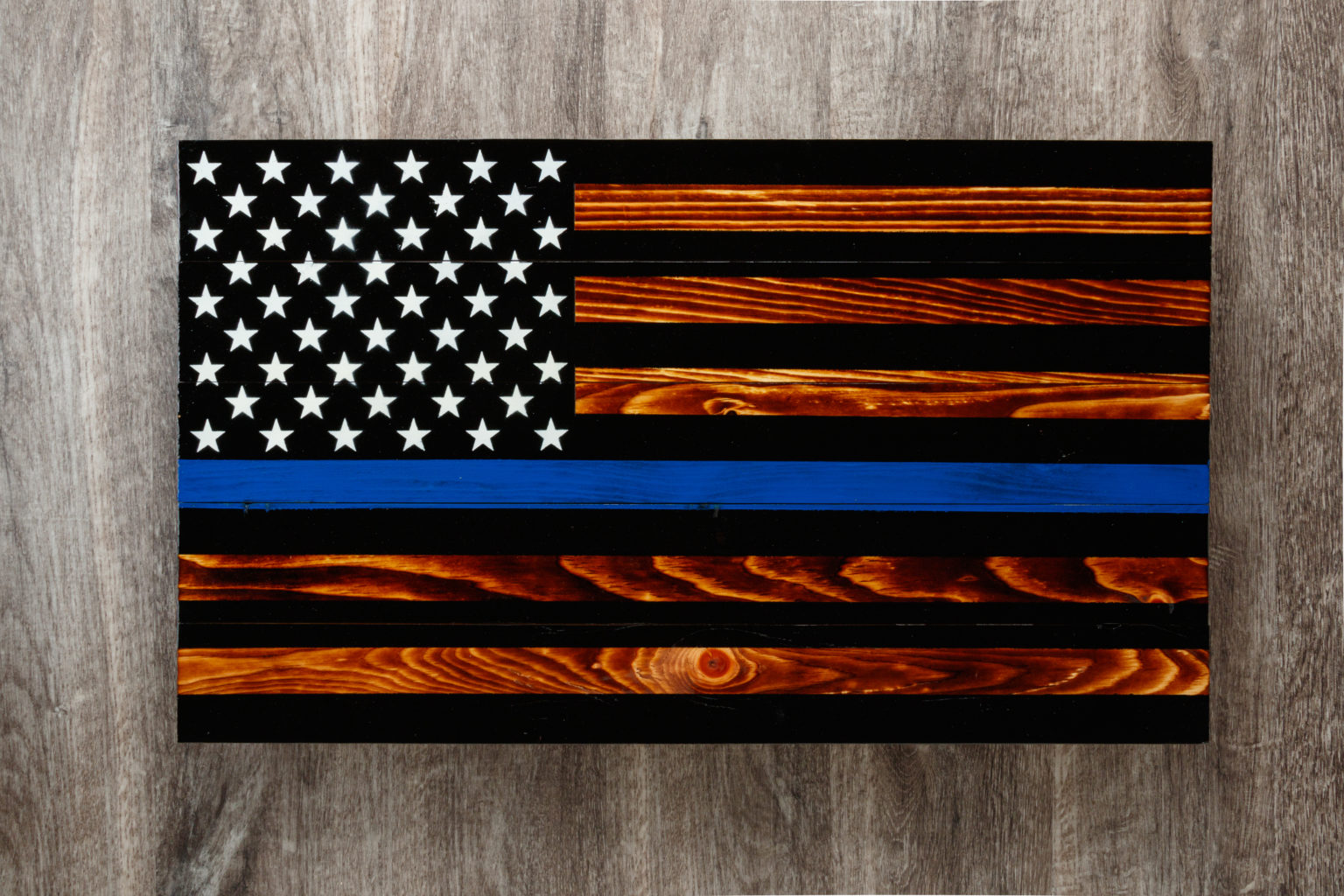 Thin blue line wooden American flag wall art