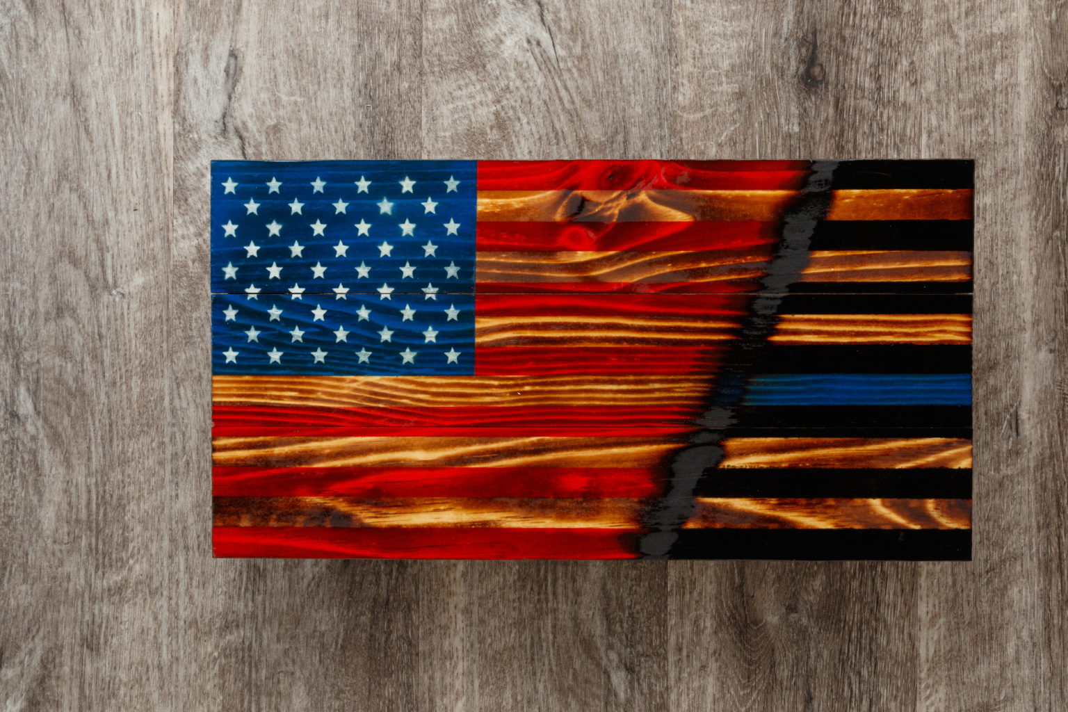 Thin blue line wooden American flag wall art