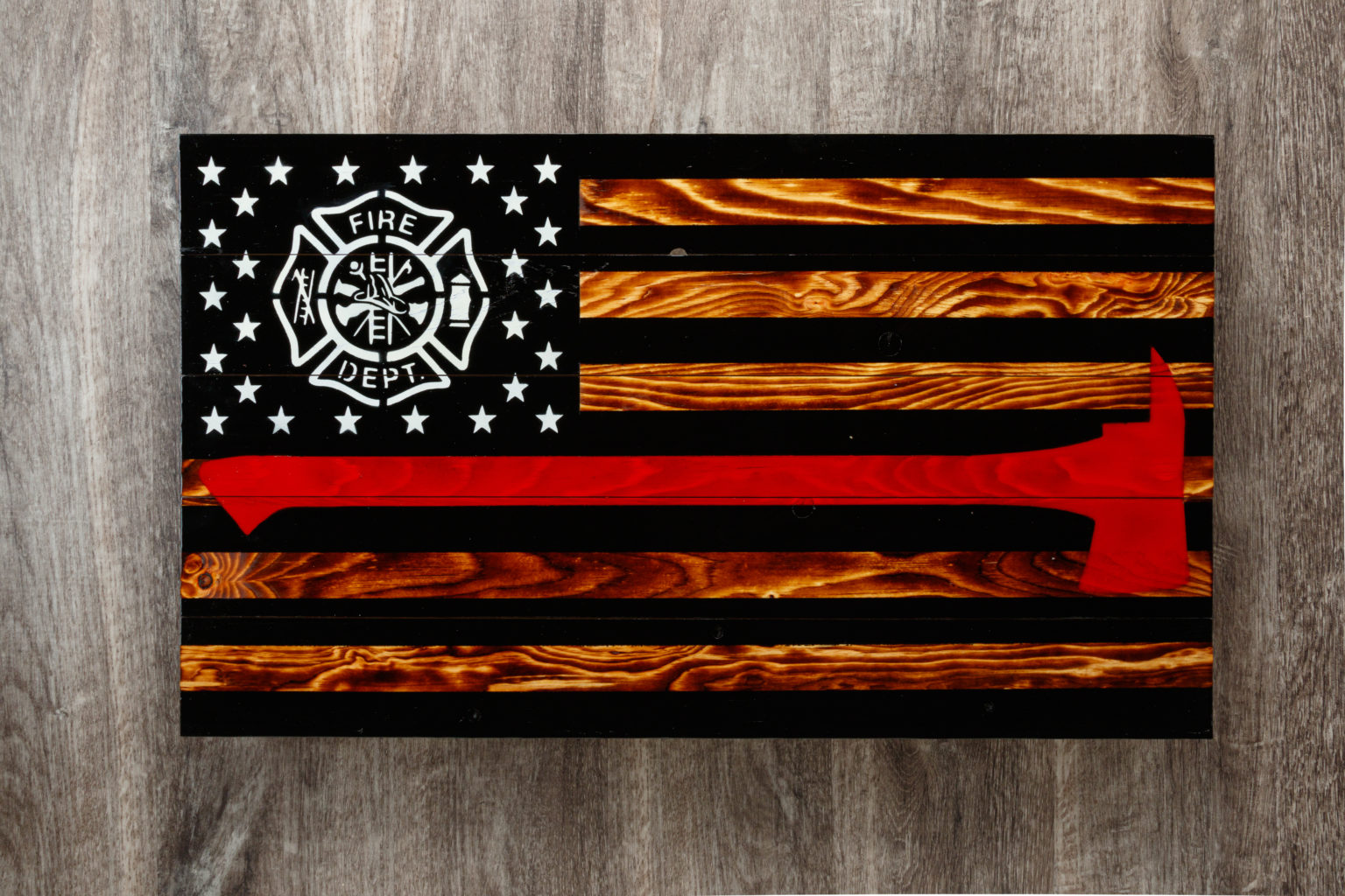Firefighter wooden American flag wall art