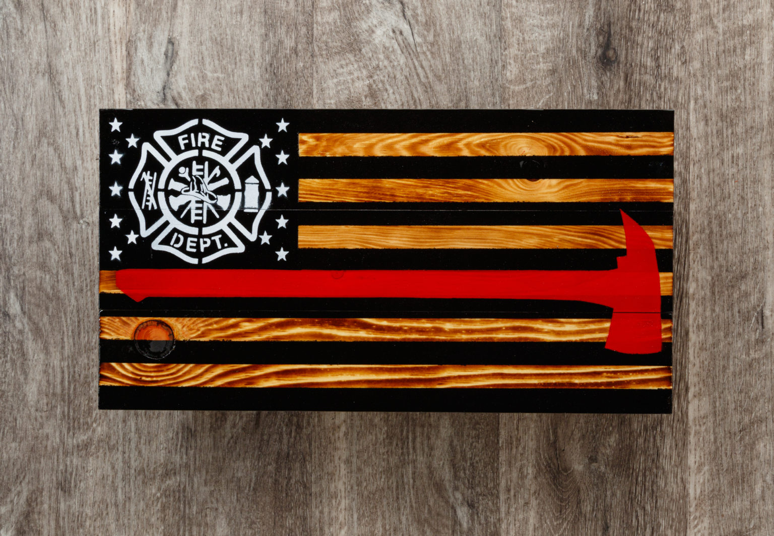 Firefighter wooden American flag wall art