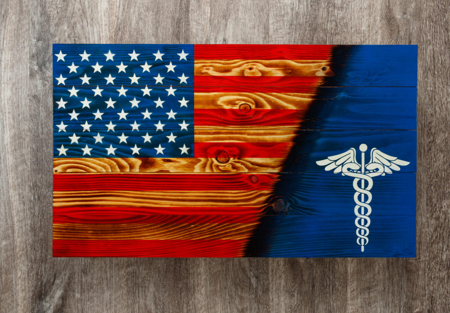Medical Caduceus wooden American flag wall art