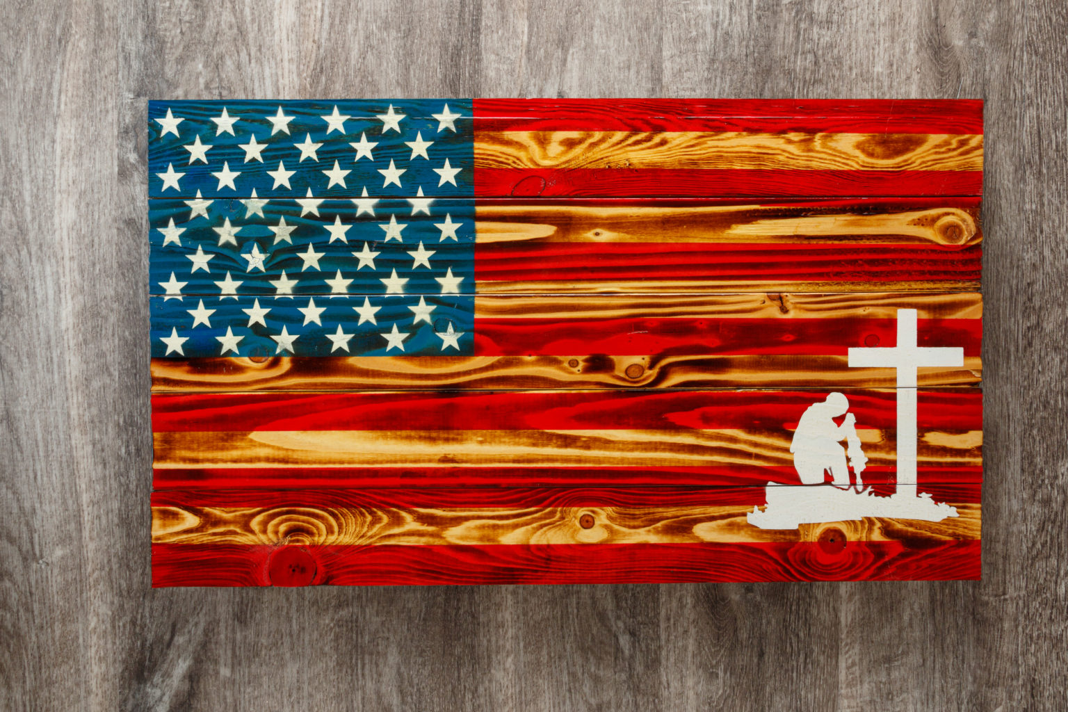 Fallen soldier wooden American flag wall art