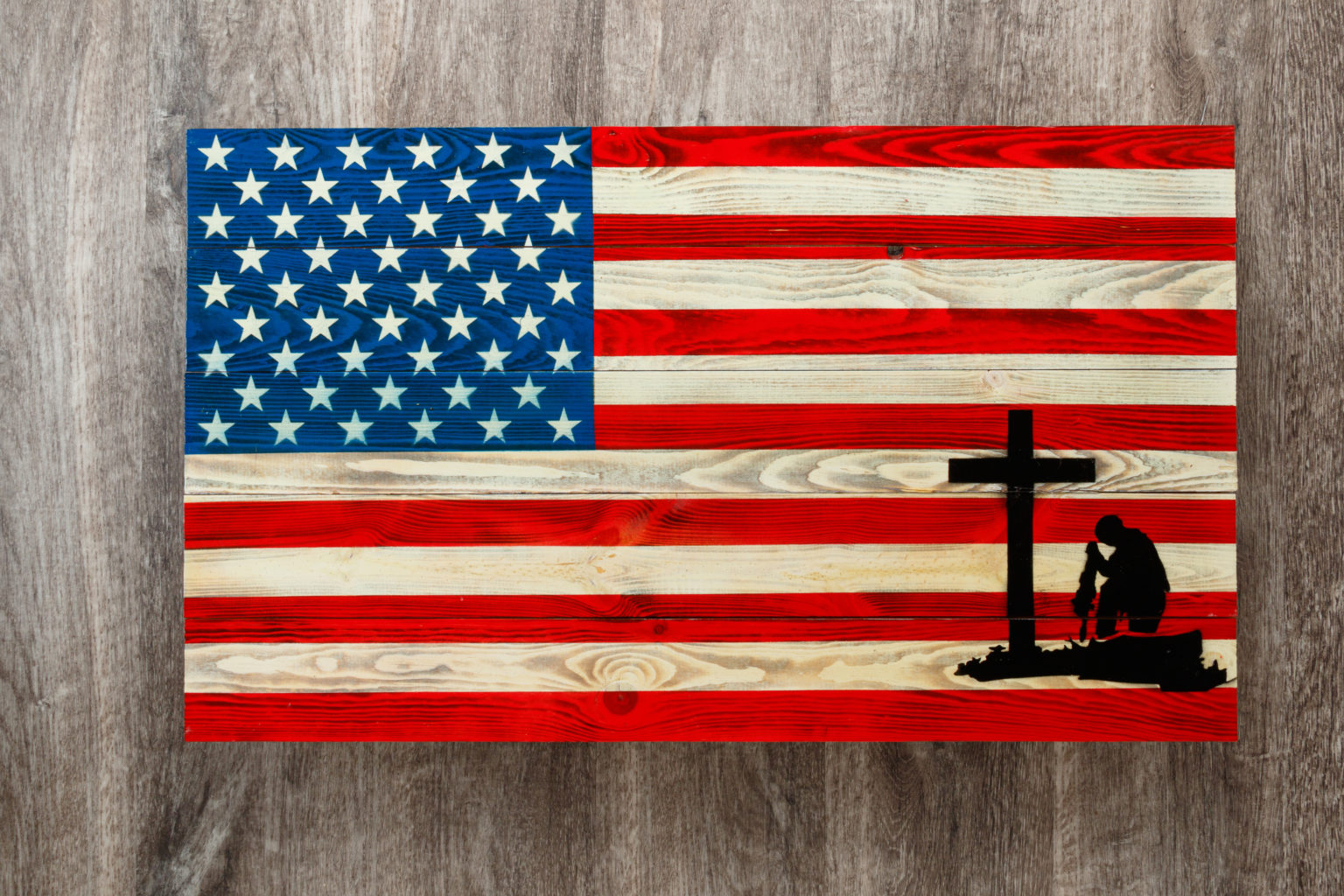 Fallen soldier wooden American flag wall art