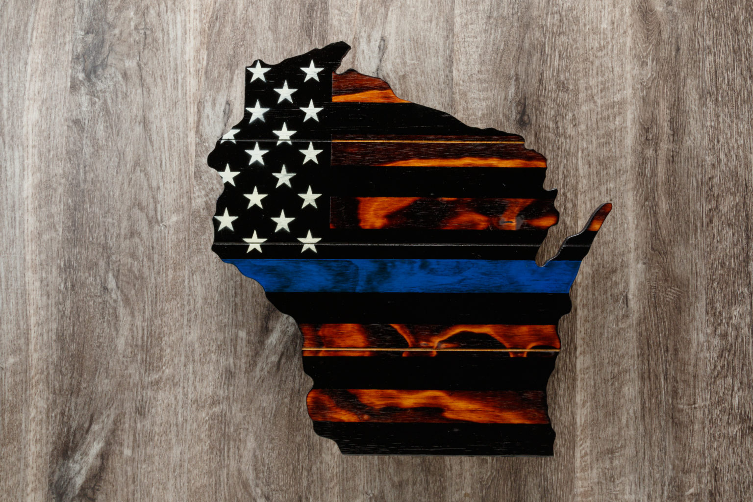 Thin blue line Wisconsin wooden American flag wall art