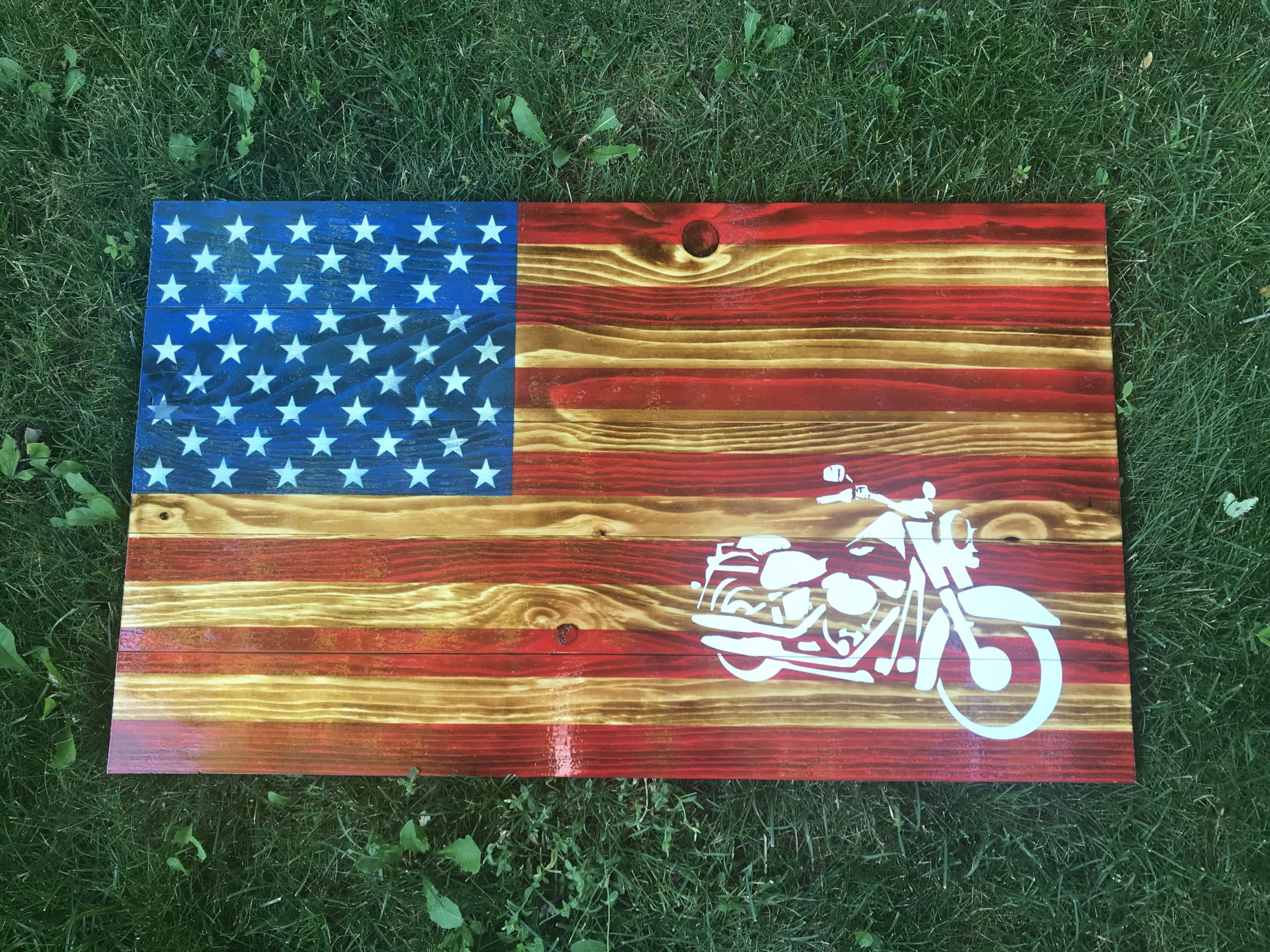US Flag Motorcycle wooden american flag art